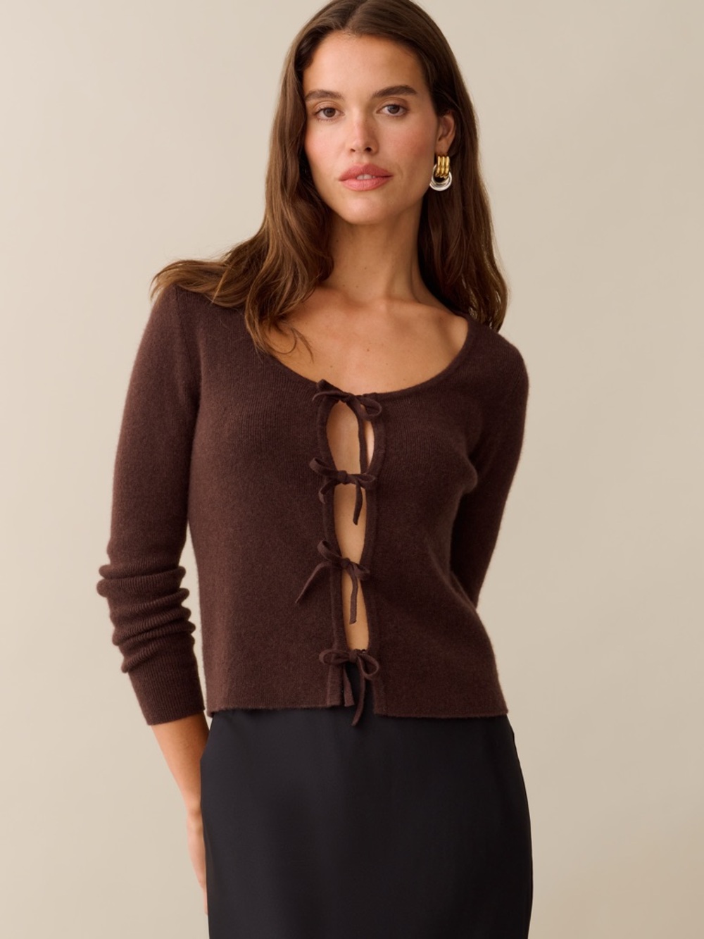 Cashmere Chocolate Brown Tie-Front Top